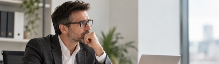 Gestionnaire pensif dans son bureau évaluant un signalement de harcèlement psychologique au travail.