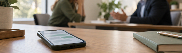 Téléphone affichant un message de signalement informel devant un entretien entre un employeur et une employée.