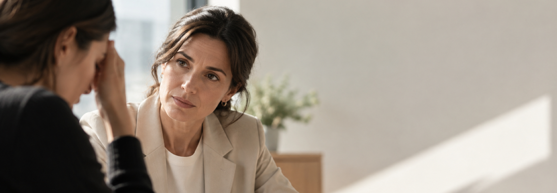 Employeure accueillant avec empathie et neutralité une personne qui confie une situation de harcèlement psychologique.